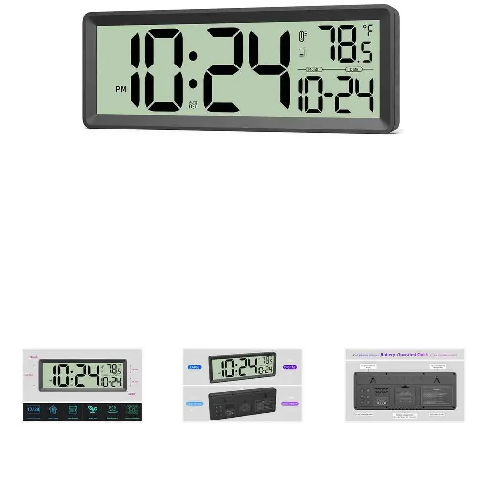 Digital Wall Clock 14 Inch Large Display Temperature Date DST Battery Operated